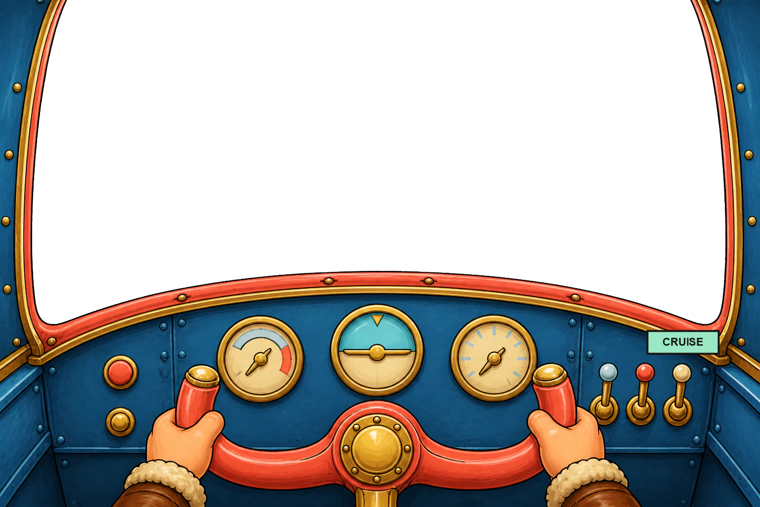 Cobalt toy airplane cockpit with pilot hands holding the controls